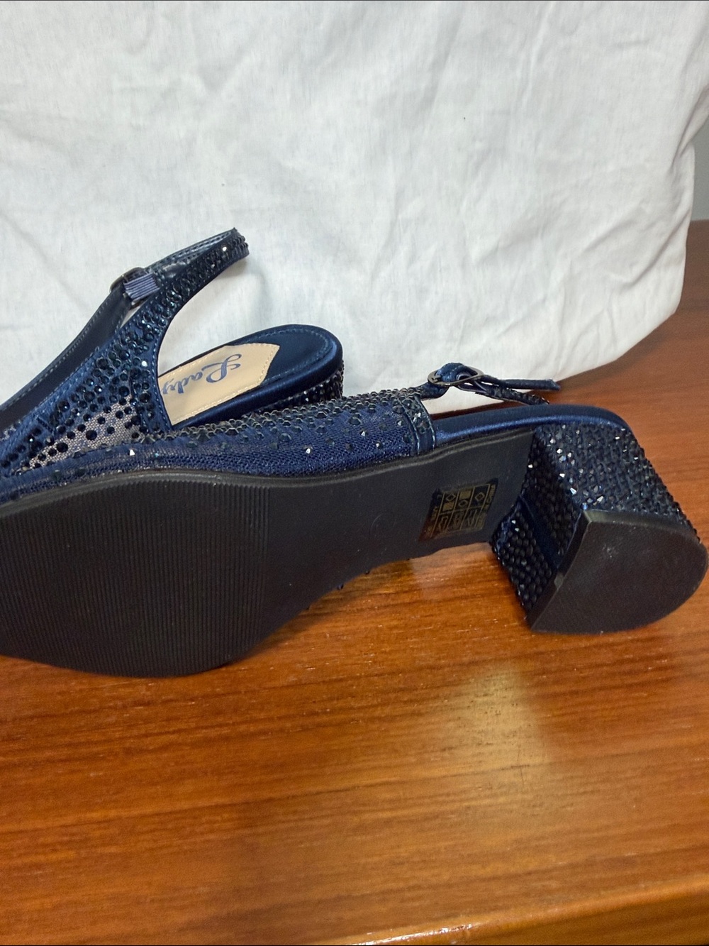 Lady Couture Navy Crystal Slingback Block Heels with Pointed Toe - Picture 4 of 5
